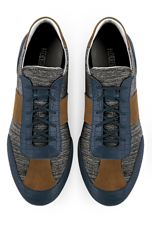 Denim blue, dark grey and caramel brown two-tone dress sneakers for men. Round toe. Flat rubber soles. Top view - Florence KOOIJMAN
